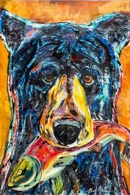 Destiny Now, original mixed media painting of a black bear with a fish in his mouth by Canadian artist David Zimmerman at Effusion Art Gallery in Invermere, BC.