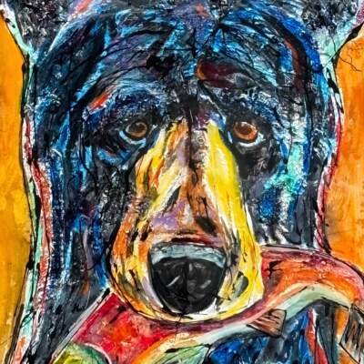 Destiny Now, original mixed media painting of a black bear with a fish in his mouth by Canadian artist David Zimmerman at Effusion Art Gallery in Invermere, BC.