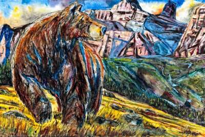 The Turning of Tables, original mixed media grizzly bear in the mountains painting by Canadian artist David Zimmerman at Effusion Art Gallery in Invermere, BC.