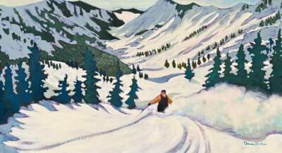 I've Got the Place to Myself, original acrylic ski painting by Canadian artist Eleanor Lowden at Effusion Art Gallery in Invermere, BC.