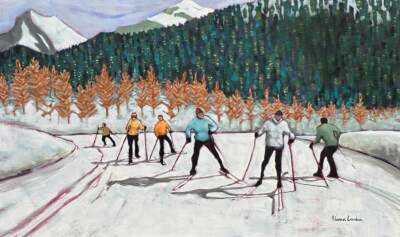 Sunshine and Skis, original acrylic cross country ski painting by Canadian artist Eleanor Lowden at Effusion Art Gallery in Invermere, BC.