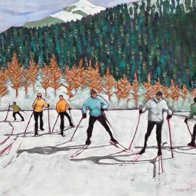 Sunshine and Skis, original acrylic cross country ski painting by Canadian artist Eleanor Lowden at Effusion Art Gallery in Invermere, BC.