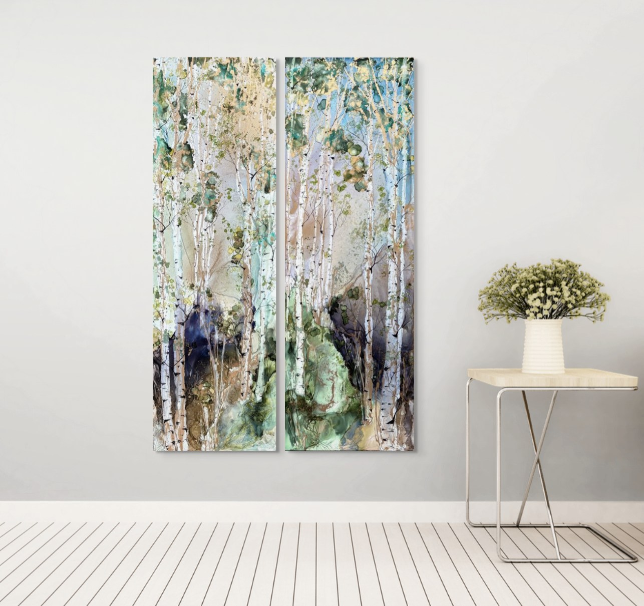 Where Light Dances, original alcohol ink tree paintings by Canadian artist Paulina Tokarski at Effusion Art Gallery in Invermere, BC.