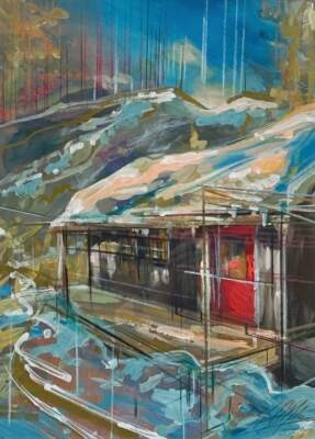 Barbara Monroe Hale Hut, original mixed media painting by Canadian artist Michel Saint Hilaire at Effusion Art Gallery in Invermere, BC.