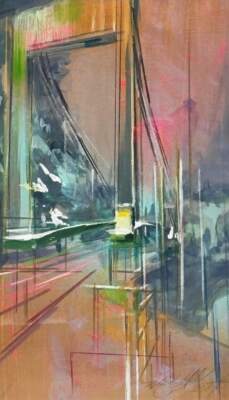 Toby Creek Bridge, original mixed media painting by Canadian artist Michel Saint Hilaire at Effusion Art Gallery in Invermere, BC.