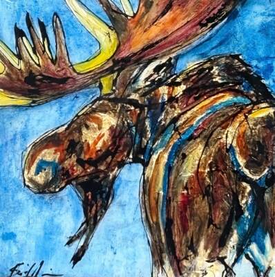 Low Key, original mixed media small moose painting by Canadian artist David Zimmerman at Effusion Art Gallery in Invermere, BC.