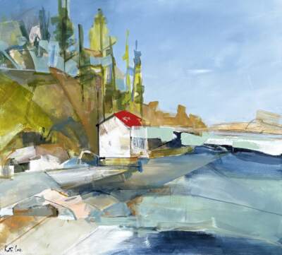 Valley Time, original acrylic local landscape painting of Lake Windermere by Canadian artist Katie Lois at Effusion Art Gallery in Invermere, BC.