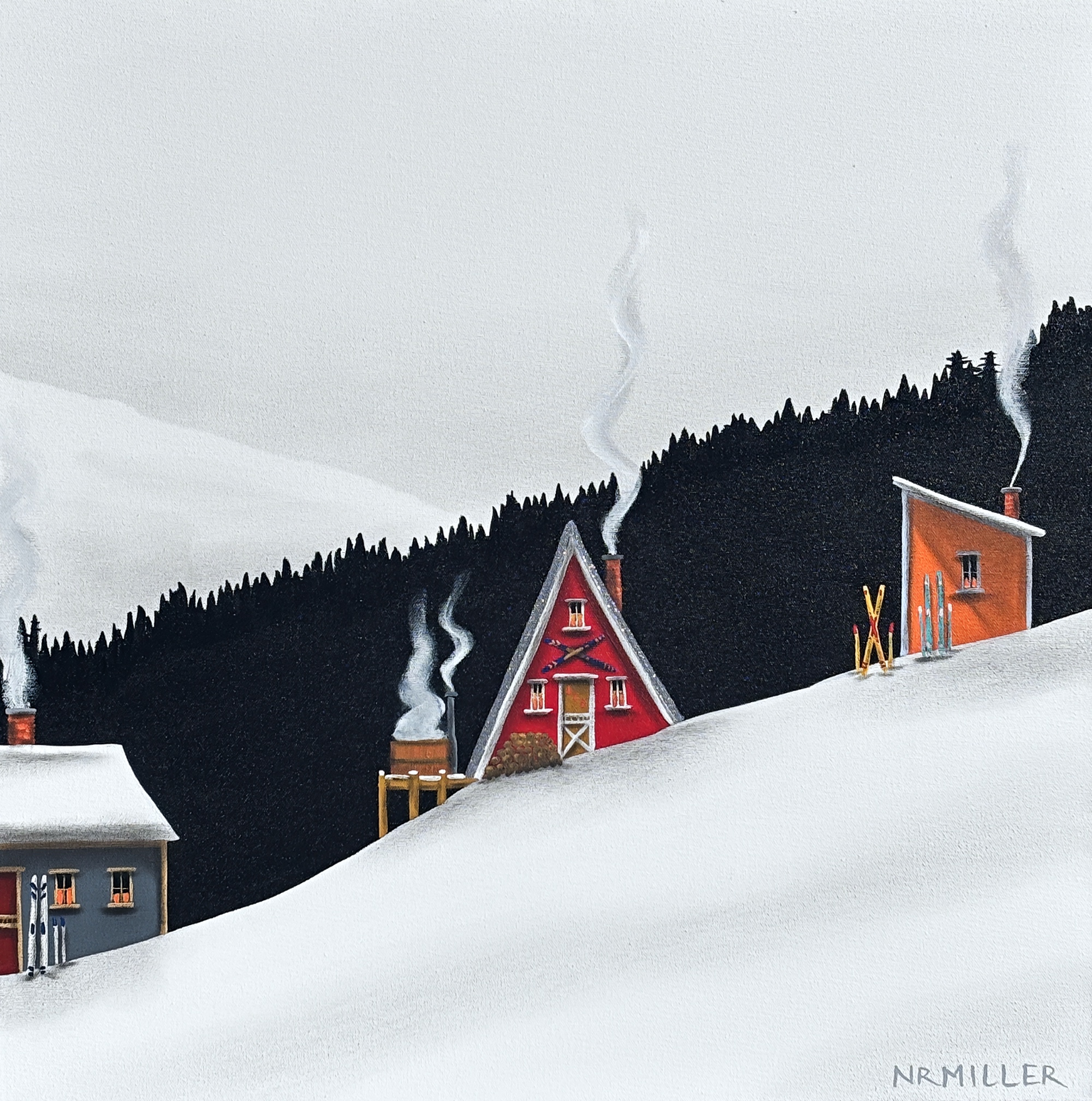 Hot Tub Time Machine, original mixed media ski chalet landscape painting by Canadian artist Natasha Miller (NRMiller) at Effusion Art Gallery in Invermere, BC.