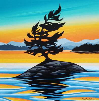 Windswept Pine XII, original acrylic tree at sunset painting by Canadian artist Monica Morrill at Effusion Art Gallery in Invermere, BC.