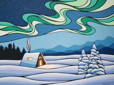Winter Retreat XIV, original acrylic cozy night winter landscape under the Northern lights by Canadian artist Monica Morrill at Effusion Art Gallery in Invermere, BC.