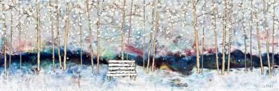 Come Sit with Me 25110, original encaustic winter landscape and bench painting by Canadian artist Catharine Clarke at Effusion Art Gallery in Invermere, BC.