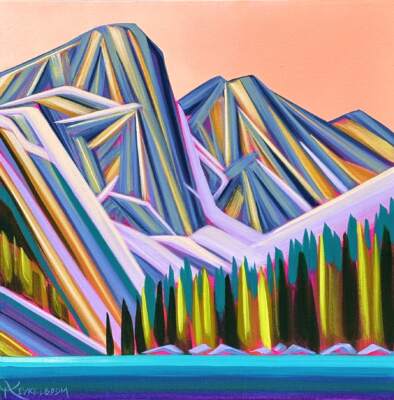 Peachy Keen, original acrylic mountain landscape painting by Canadian artist Kayla Eykelboom at Effusion Art Gallery in Invermere, BC.