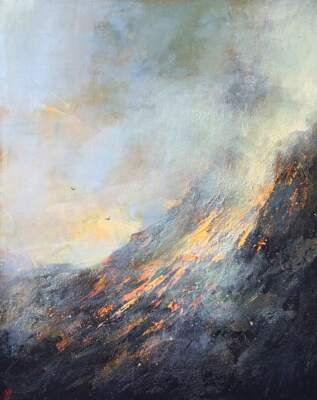 Struck by Clouds, original acrylic loose landscape painting by Canadian artist William Liao at Effusion Art Gallery in Invermere, BC.