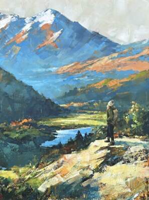 Valley of Serenity, original acrylic mountain landscape painting by Canadian artist William Liao at Effusion Art Gallery in Invermere, BC.