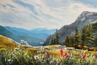 Petals Above the Peaks, original acrylic summer mountain landscape painting of Mount Swansea by Canadian artist Jane Bronsch at Effusion Art Gallery in Invermere, BC.