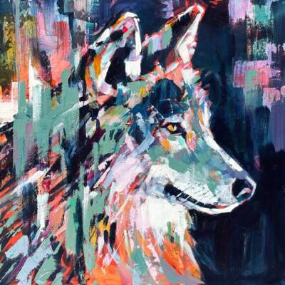 Always Alert, original acrylic wolf painting by Canadian artist Verne Busby at Effusion Art Gallery in Invermere, BC.