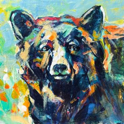 Full Strength, original acrylic bear painting by Canadian artist Verne Busby at Effusion Art Gallery in Invermere, BC.