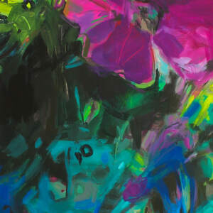 Summer Dreams, original acrylic abstract floral painting by Canadian artist Becky Holuk at Effusion Art Gallery in Invermere, BC.