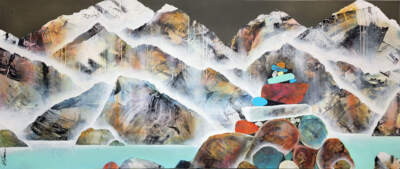Je the ferai signe, original mixed media mountain lake landscape painting by Canadian artist Sylvain Leblanc at Effusion Art Gallery in Invermere, BC.