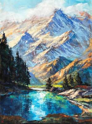 Reflections of a Vanishing Day, original acrylic summer mountain landscape painting of Grassi Lakes by Canadian artist William Liao at Effusion Art Gallery in Invermere, BC.