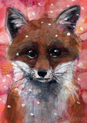 Clever, original mini mixed media fox painting by Canadian artist Connie Geerts at Effusion Art Gallery in Invermere, BC.