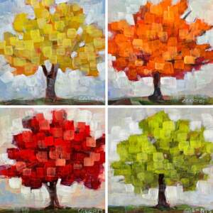Four Colours, set of four original acrylic tree paintings in yellow, orange, red, and green by Canadian artist Connie Geerts at Effusion Art Gallery in Invermere, BC.