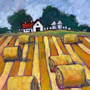 Harvest Time, original mixed media autumn farm landscape painting by Canadian artist Connie Geerts at Effusion Art Gallery in Invermere, BC.