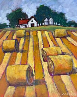 Harvest Time, original mixed media autumn farm landscape painting by Canadian artist Connie Geerts at Effusion Art Gallery in Invermere, BC.