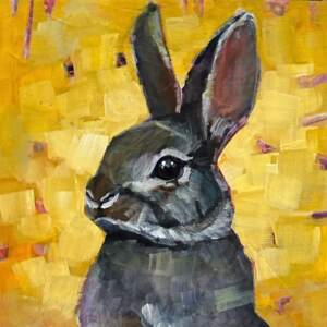 Honey Bunny, original mini mixed media bunny painting by Canadian artist Connie Geerts at Effusion Art Gallery in Invermere, BC.