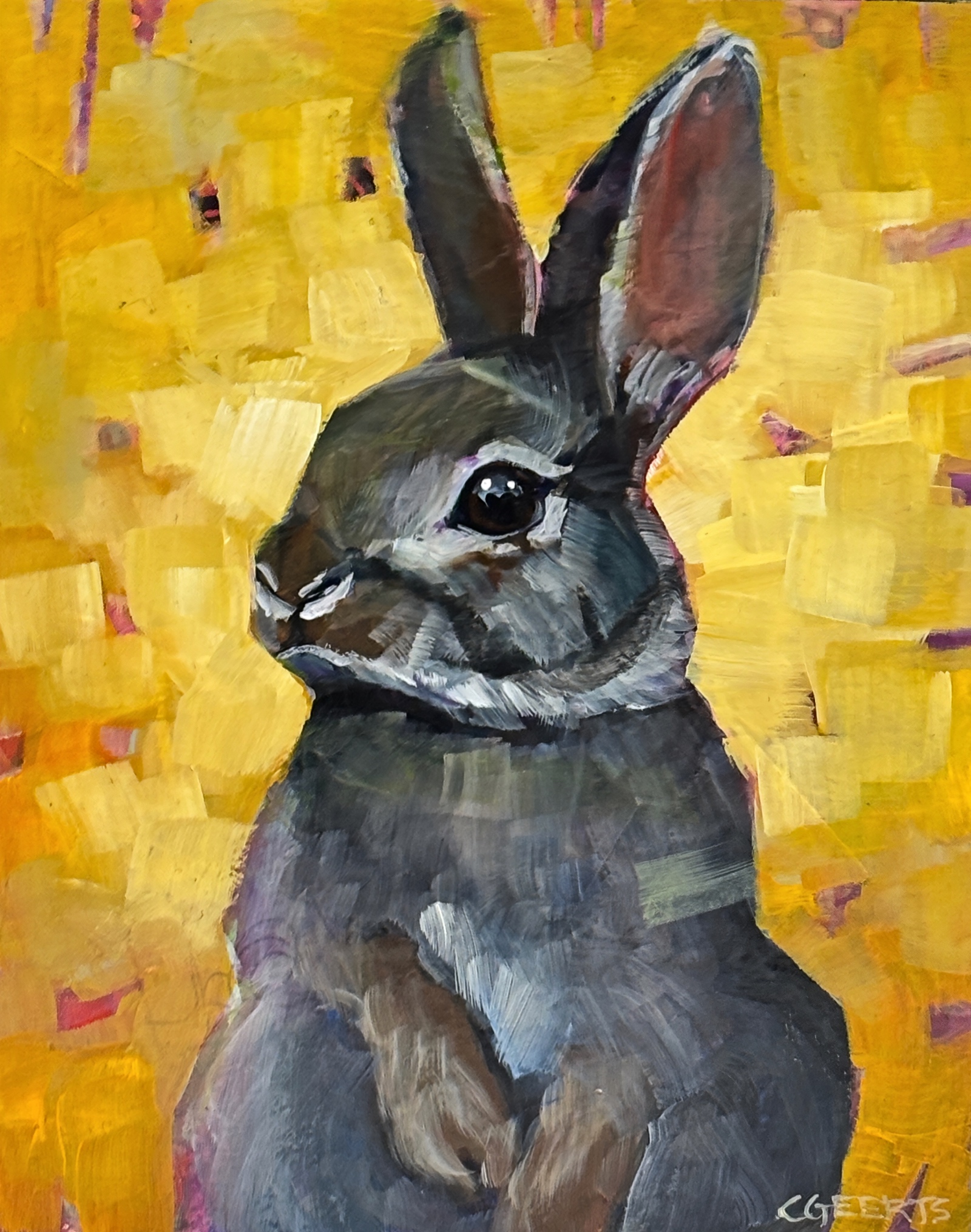 Honey Bunny, original mini mixed media bunny painting by Canadian artist Connie Geerts at Effusion Art Gallery in Invermere, BC.