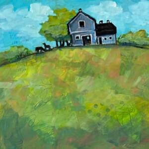 Idyllic, original mixed media farmhouse landscape painting by Canadian artist Connie Geerts at Effusion Art Gallery in Invermere, BC.