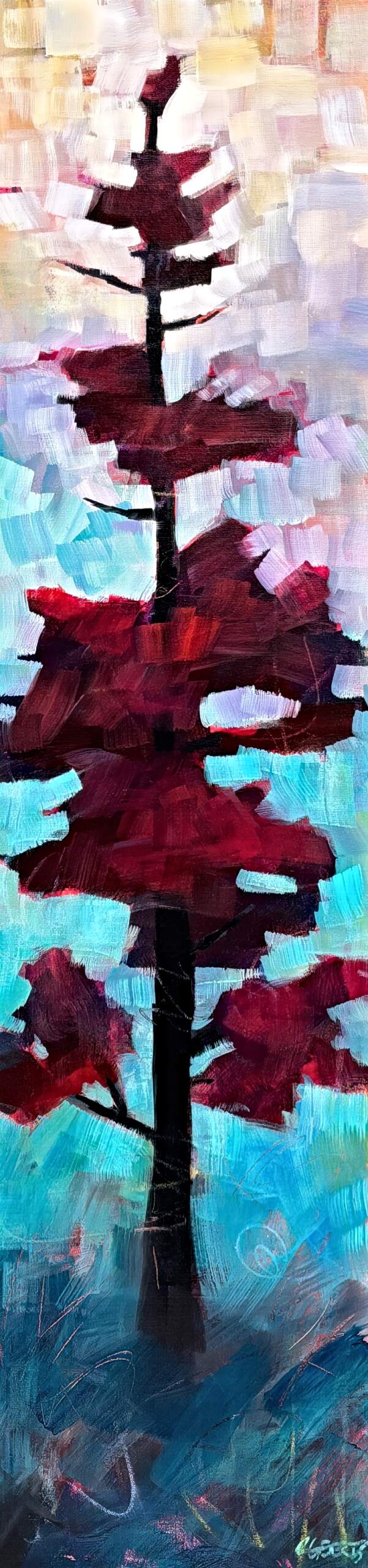 In a Cool Forest, original acrylic pixelated tree painting by Canadian artist Connie Geerts at Effusion Art Gallery in Invermere, BC.