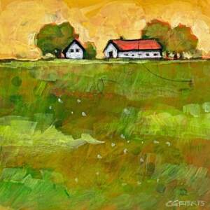 Little Farm, original mixed media farm landscape painting by Canadian artist Connie Geerts at Effusion Art Gallery in Invermere, BC.
