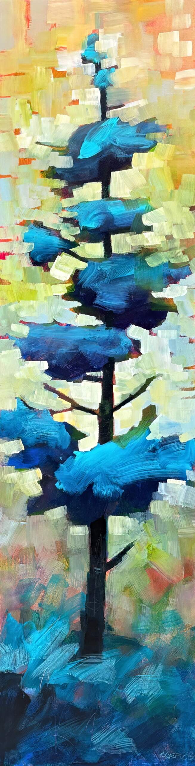 Living My Best Life, original acrylic pixelated tree painting by Canadian artist Connie Geerts at Effusion Art Gallery in Invermere, BC.
