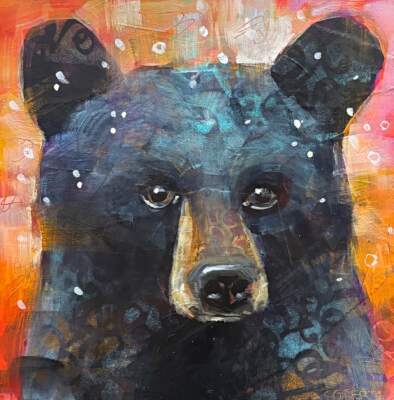 Pearl, original mini mixed media bear cub painting by Canadian artist Connie Geerts at Effusion Art Gallery in Invermere, BC.