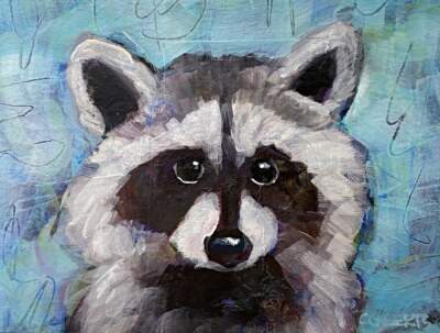 Riley, original mini mixed media raccoon painting by Canadian artist Connie Geerts at Effusion Art Gallery in Invermere, BC.