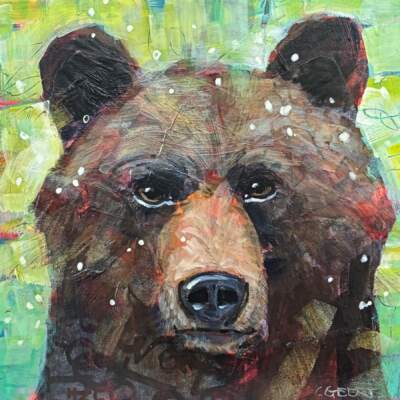 Stephen, original mini mixed media bear cub painting by Canadian artist Connie Geerts at Effusion Art Gallery in Invermere, BC.