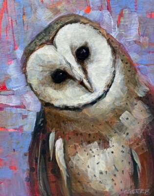 Tell Me More, original mixed media barn owl painting by Canadian artist Connie Geerts at Effusion Art Gallery in Invermere, BC.