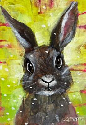 The Smart One, original mini mixed media bunny painting by Canadian artist Connie Geerts at Effusion Art Gallery in Invermere, BC.