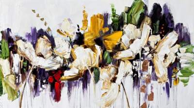 Glorious and Wild, original modern floral painting with gold and copper leaf by Canadian artist Kimberly Kiel at Effusion Art Gallery in Invermere, BC.