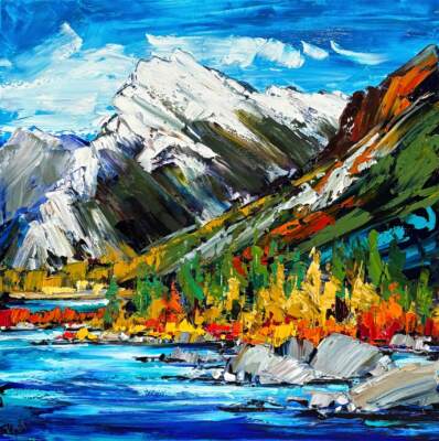 Iconic Images of the Rockies: Banff National Park 1, original landscape painting of Mount Rundle in Banff National Park by Canadian artist Kimberly Kiel at Effusion Art Gallery in Invermere, BC.