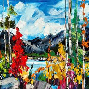 Iconic Images of the Rockies: Brewer Lake, original mountain lake landscape painting of Brewer Lake by Canadian artist Kimberly Kiel at Effusion Art Gallery in Invermere, BC.