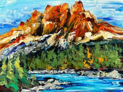 Iconic Images of the Rockies: Castle Mountain, original landscape painting of Castle Mountain in Banff National Park by Canadian artist Kimberly Kiel at Effusion Art Gallery in Invermere, BC.