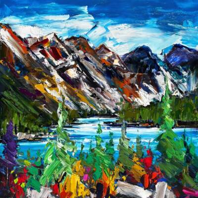 Iconic Images of the Rockies: Moraine Lake 2, original landscape painting of Moraine Lake by Canadian artist Kimberly Kiel at Effusion Art Gallery in Invermere, BC.