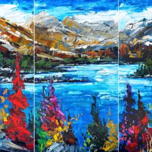Iconic Images of the Rockies: Moraine Lake, original large triptych landscape painting of Moraine Lake by Canadian artist Kimberly Kiel at Effusion Art Gallery in Invermere, BC.