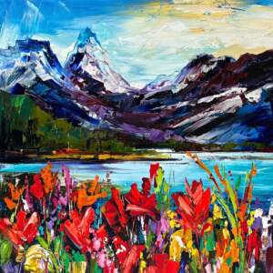 Iconic Images of the Rockies: Mount Assiniboine 1, original mountain lake landscape painting of Mount Assiniboine by Canadian artist Kimberly Kiel at Effusion Art Gallery in Invermere, BC.