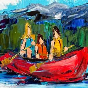 In the Summertime 3, original painting of a family canoeing by Canadian artist Kimberly Kiel at Effusion Art Gallery in Invermere, BC.