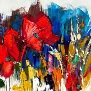 The Whole Event, original modern wildflower painting with copper leaf by Canadian artist Kimberly Kiel at Effusion Art Gallery in Invermere, BC.