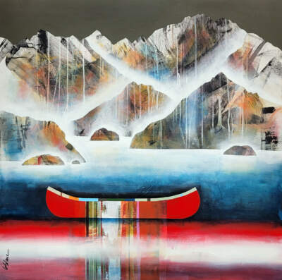 Entrelacer, original mixed media canoe and mountain painting by Canadian artist Sylvain Leblanc at Effusion Art Gallery in Invermere, BC.