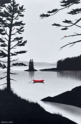 The One, original mixed media landscape painting with a red canoe by Canadian artist Natasha Miller at Effusion Art Gallery in Invermere, BC.
